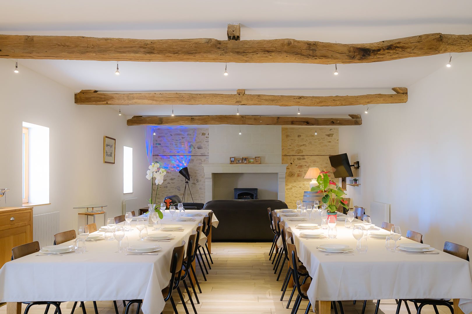 Le Chai, sa salle de réception pour 50 personnes, Domaine des Gauliers, gîtes de groupe 5 étoiles meublé de tourisme pour vos vacances en Anjou viticole